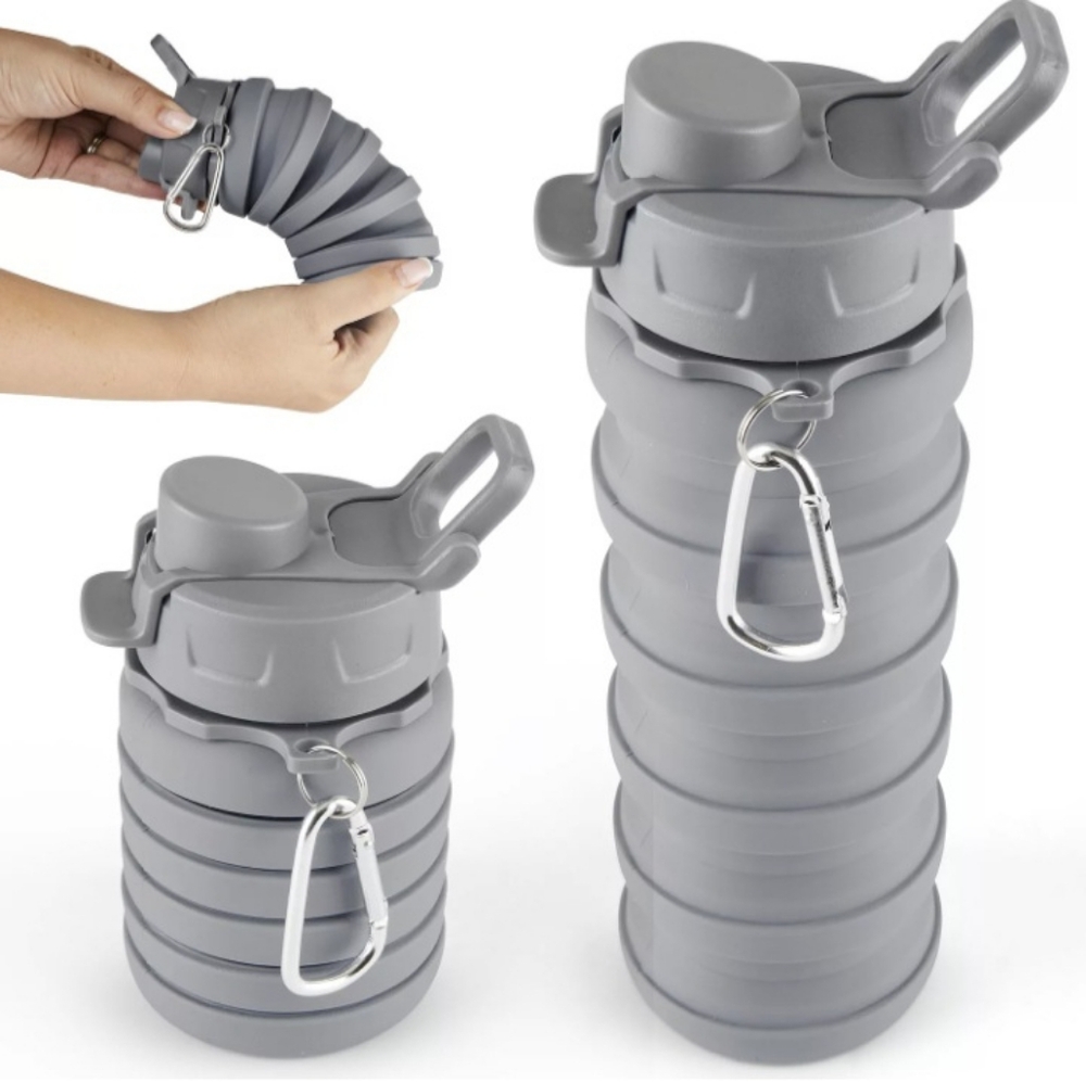 Collapsible Gray Water Bottle with Carabiner